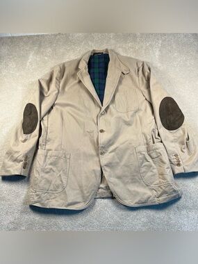 Lands End Field Sport Coat Blazer Jacket Tan Brown Elbow Patches 100% Cotton 42R